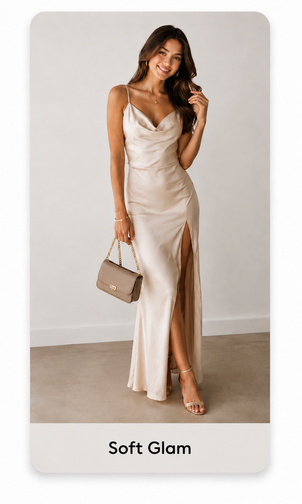 Soft glam look: woman in a champagne satin slip dress, full body