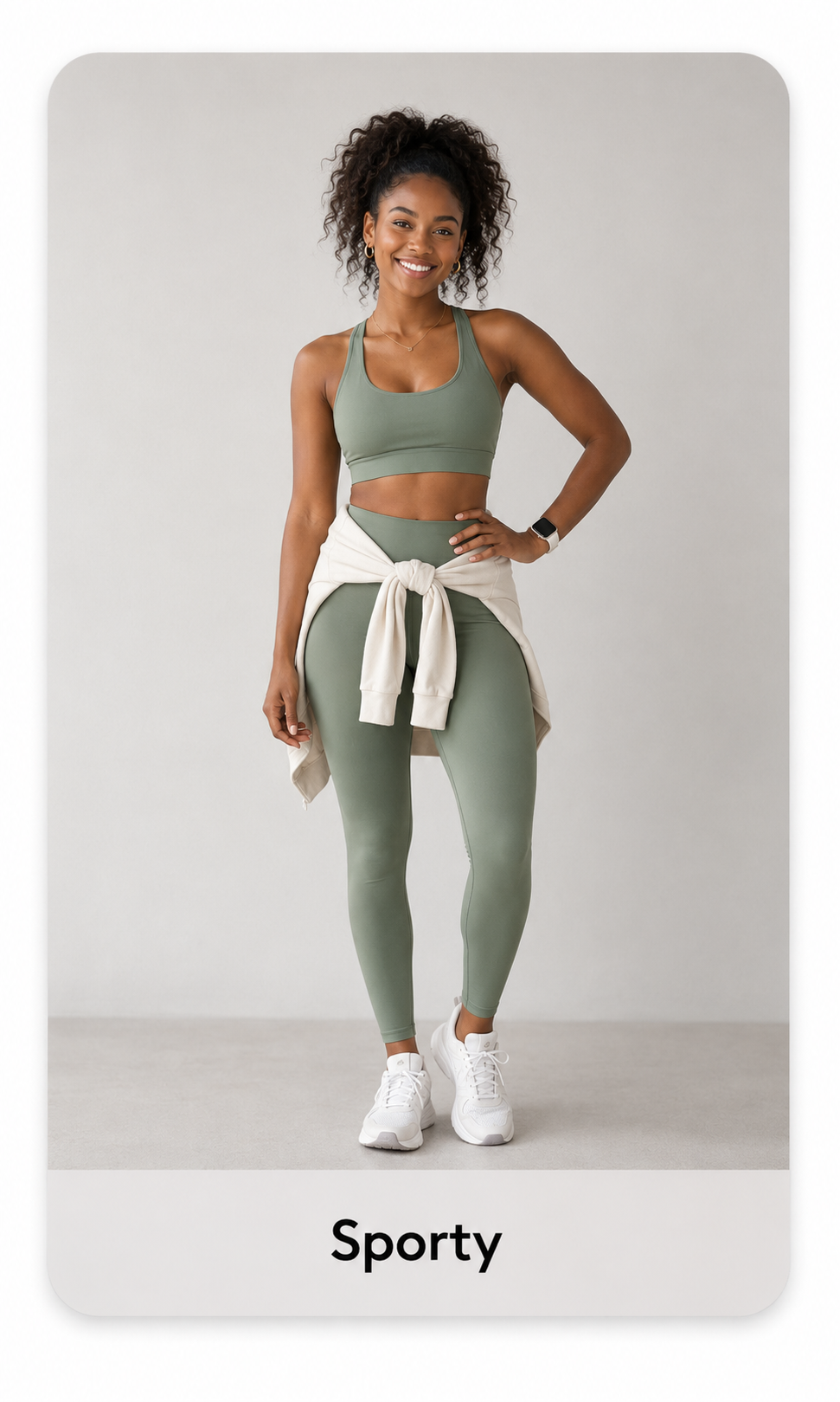 Sporty look: woman in a sage activewear set with white trainers, full body